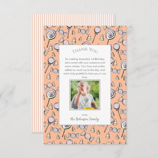 赤ちゃんオレンジ甘い小さな1つのキャンディありがとうカード サンキューカード (正面/裏面)