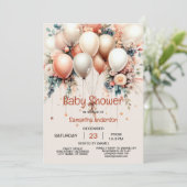 赤ちゃんカラフルシャワーピーチ白フローラルバルーン 招待状 (スタンド正面)
