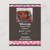 赤ちゃんガールアナウンスメントフォトカード 案内ポストカード (正面)