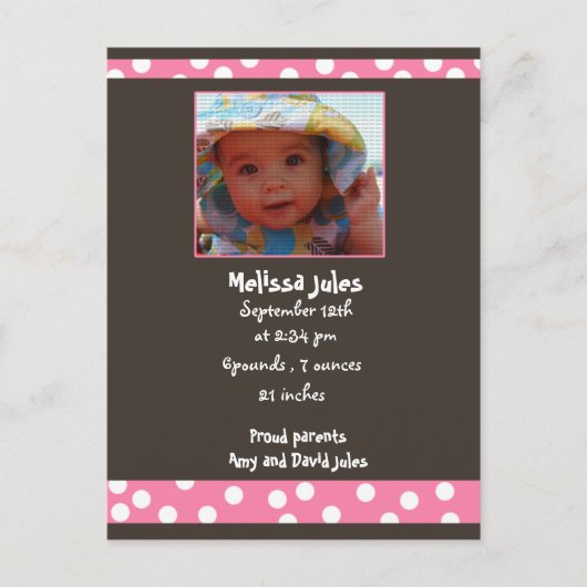 赤ちゃんガールアナウンスメントフォトカード 案内ポストカード (正面)