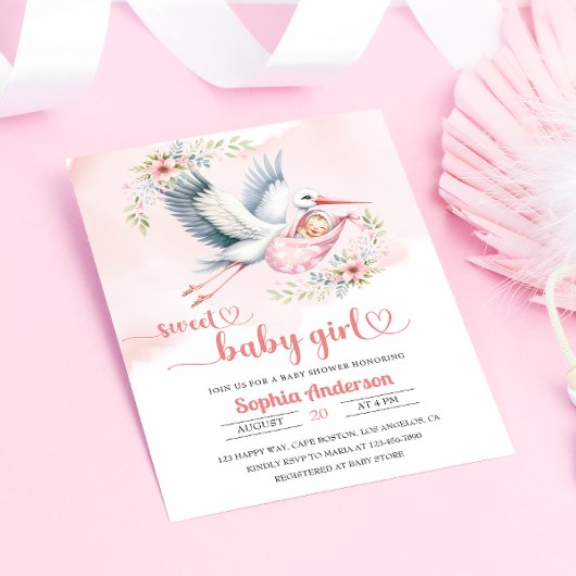 赤ちゃんガールシャワーとコウノトリイラストレーションエレガント- 招待状