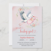 赤ちゃんガールシャワーとコウノトリイラストレーションエレガント- 招待状 (正面)