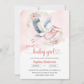 赤ちゃんガールシャワーとコウノトリイラストレーションエレガント- 招待状 (正面)