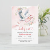 赤ちゃんガールシャワーとコウノトリイラストレーションエレガント- 招待状 (スタンド正面)