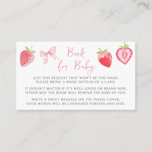 赤ちゃんガールシャワー用ピンクボウストロベリーブック エンクロージャーカード (正面)