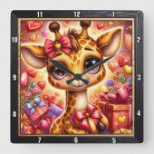 赤ちゃんキリンのハートのプレゼント スクエア壁時計 (正面)