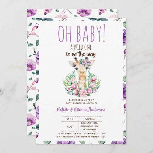 赤ちゃんキリン　ワイルドワン　サファリ動物　フラワー 招待状 (正面/裏面)