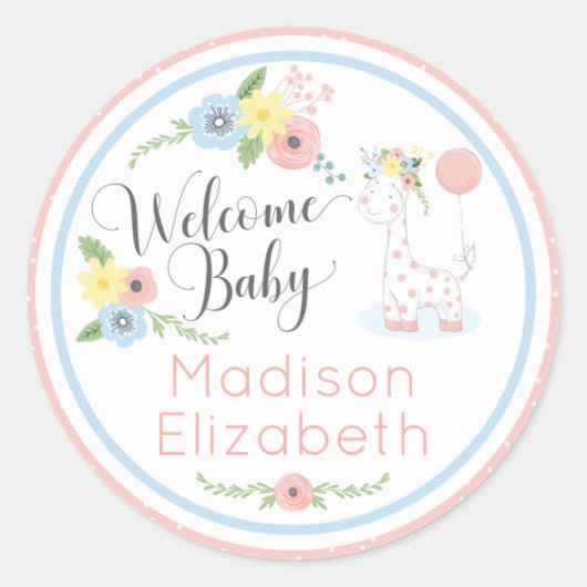 赤ちゃんキリン 花冠の子鹿 ウェルカムベイビーシャワー ラウンドシール (正面)