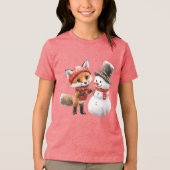 赤ちゃんギツネと雪だるま トライブレンドＴシャツ (正面)