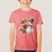 赤ちゃんギツネと雪だるま トライブレンドＴシャツ (正面)