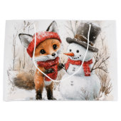 赤ちゃんギツネと雪だるま ラージペーパーバッグ (正面)