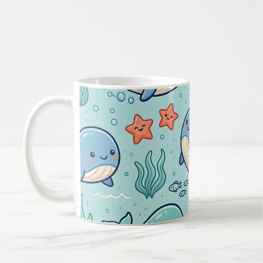 赤ちゃんクジラ マグカップ – 淡い色の海洋柄 (左)