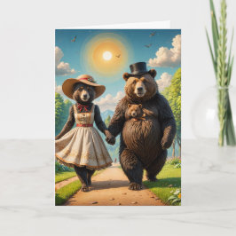 赤ちゃんグマと散歩する可愛いクマのカップル カード