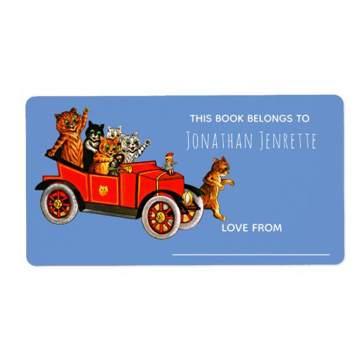 赤ちゃんシャワおもしろいー猫レトロ車キッズブルー ラベル (正面)