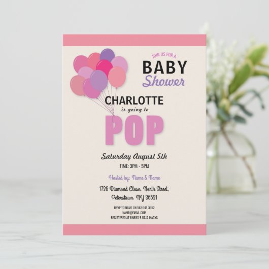赤ちゃんシャワポップ・アートのーバルーンピンクガール振りかけるおもしろいs 招待状 (スタンド正面)
