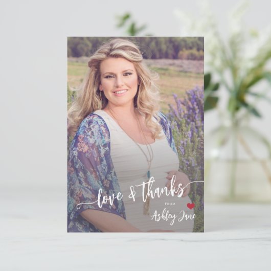 赤ちゃんシャワモダンーの写真の愛と感謝していスクリプト サンキューカード (スタンド正面)