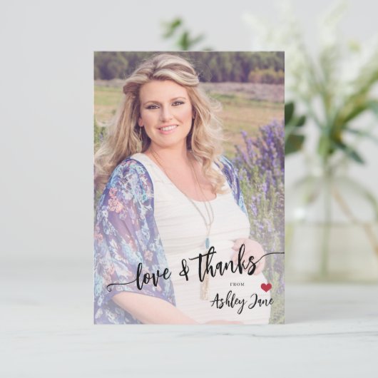 赤ちゃんシャワモダンーの写真の愛と感謝していスクリプト サンキューカード (スタンド正面)