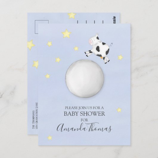赤ちゃんシャワモダンーの水色の牛が月の上に飛び出した ポストカード (正面/裏面)