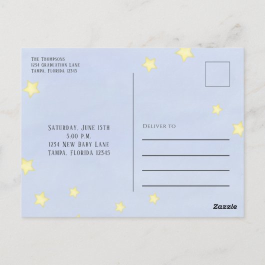 赤ちゃんシャワモダンーの水色の牛が月の上に飛び出した ポストカード (裏面)