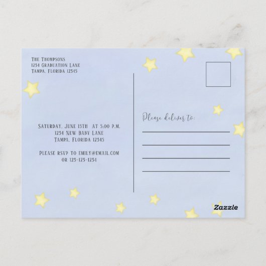 赤ちゃんシャワモダンーの水色の牛が月の上に飛び出した ポストカード (裏面)