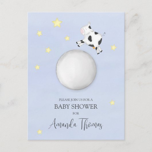 赤ちゃんシャワモダンーの水色の牛が月の上に飛び出した ポストカード (正面)