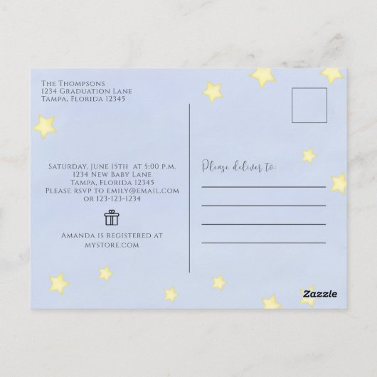 赤ちゃんシャワモダンーの水色の牛が月の上に飛び出した ポストカード (裏面)