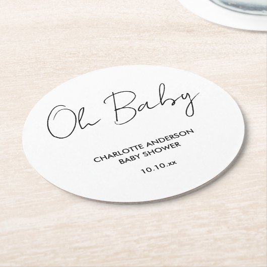 赤ちゃんシャワモダンースクリプト白と黒エレガント ラウンドペーパーコースター (アングル)