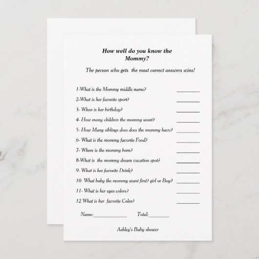 赤ちゃんシャワーあなたがどれくらいママを知っているか 招待状 (正面/裏面)