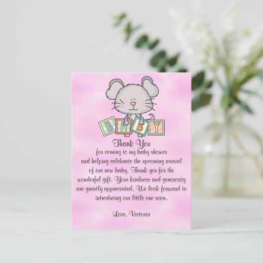 赤ちゃんシャワーありがとうお嬢ちゃんネズミ ポストカード (スタンド正面)
