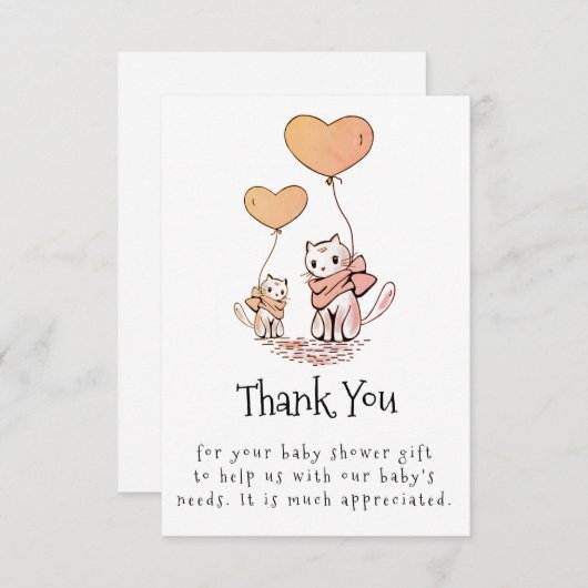 赤ちゃんシャワーありがとうお母さんベビー猫&バルーン サンキューカード (正面/裏面)