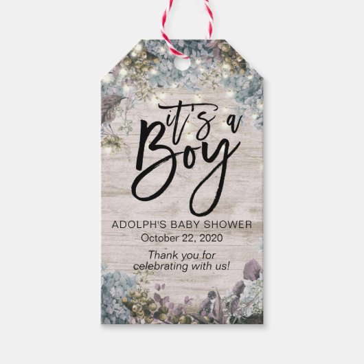 赤ちゃんシャワーありがとうフローラストリングライトウッド ギフトタグ (正面)