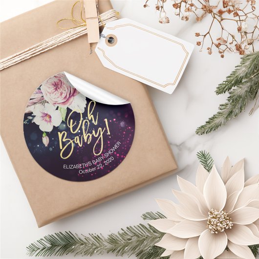 赤ちゃんシャワーありがとうフローラ羽根紫色のライト ラウンドシール