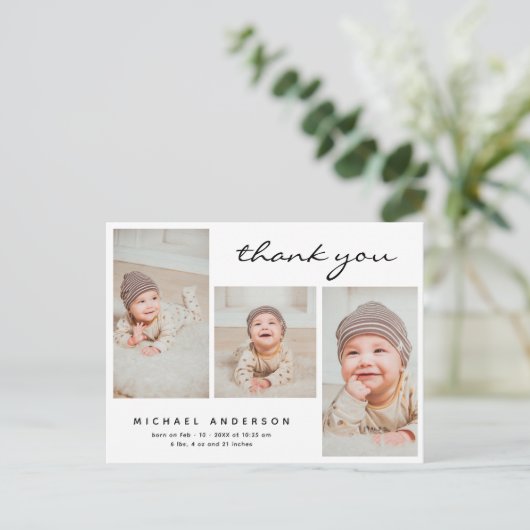赤ちゃんシャワーありがとうモダンシンプル写真コラージュ ポストカード (スタンド正面)