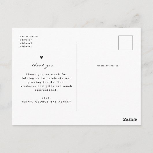 赤ちゃんシャワーありがとうモダンシンプル写真コラージュ ポストカード (裏面)