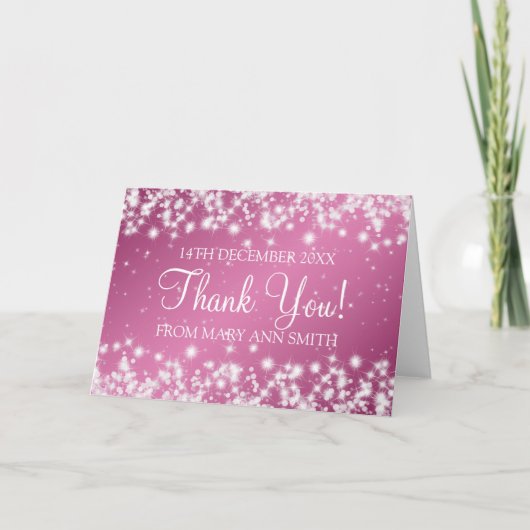 赤ちゃんシャワーありがとう冬のピンク色に輝く サンキューカード (正面)