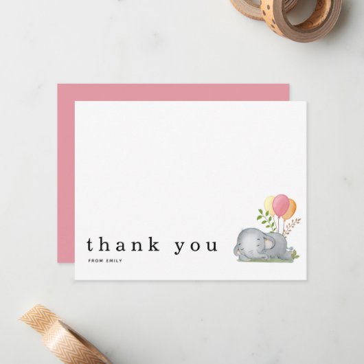 赤ちゃんシャワーありがとう名前は眠っている象ピンク ノートカード (正面/裏面インサイチュ)