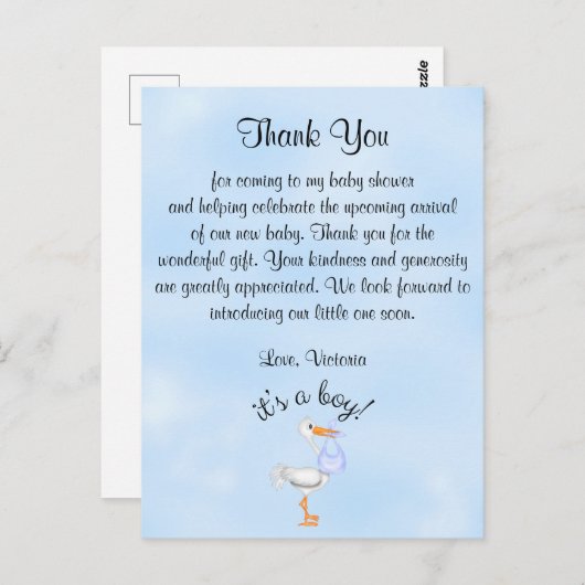 赤ちゃんシャワーありがとう男の子の男の赤ちゃんコウノトリ ポストカード (正面/裏面)