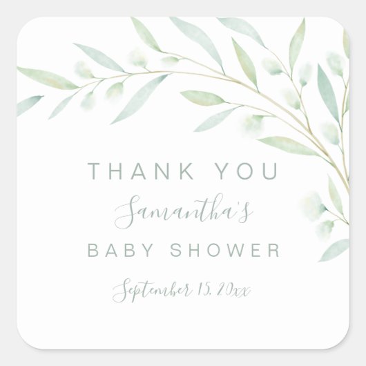 赤ちゃんシャワーありがとう緑の水の色の葉 スクエアシール (正面)