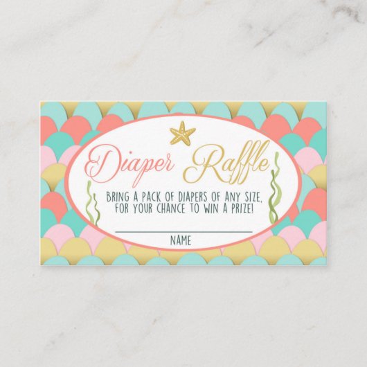 赤ちゃんシャワーおむつラッフルカードマーメイドコーラルピンク エンクロージャーカード (正面)