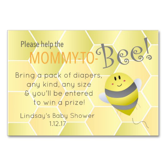 赤ちゃんシャワーおむつラッフルカード – Mommy to Bee! テーブルナンバー (正面)