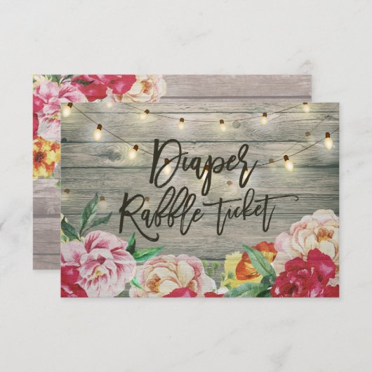 赤ちゃんシャワーおむつラッフルチケットフラワーウッドライト 招待状 (正面/裏面)