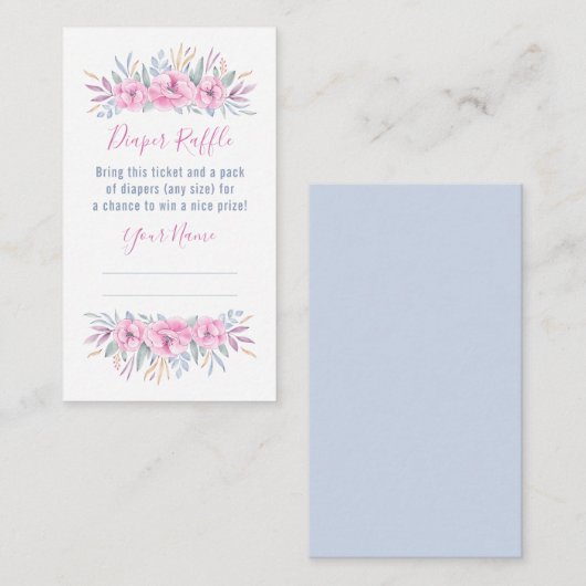 赤ちゃんシャワーおむつラッフルピンクの花水色 エンクロージャーカード (正面/裏面)
