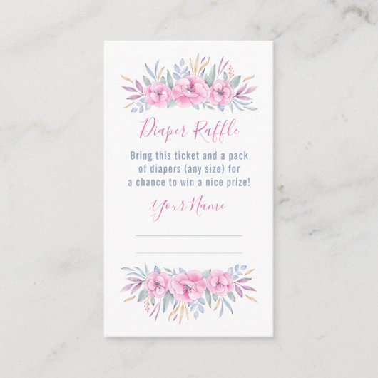 赤ちゃんシャワーおむつラッフルピンクの花水色 エンクロージャーカード (正面)