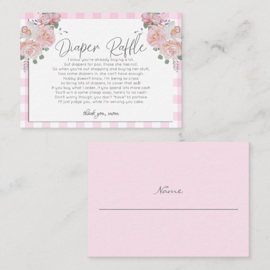 赤ちゃんシャワーおむつラッフル |赤おもしろいちゃんシャワーピンク エンクロージャーカード (正面/裏面)