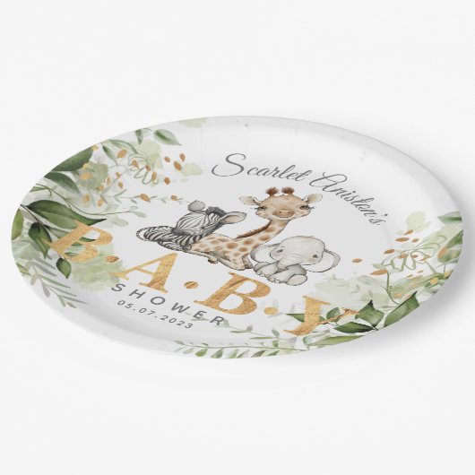 赤ちゃんシャワーかわいいアフリカの動物の緑 ペーパープレート (アングル)
