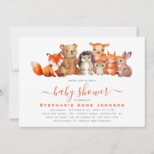赤ちゃんシャワーかわいいウッドランド動物の水彩赤 招待状 (正面)