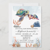 赤ちゃんシャワーかわいいウミガメの水色 招待状 (正面)