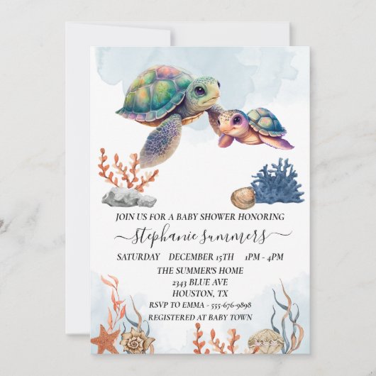 赤ちゃんシャワーかわいいウミガメの水色 招待状 (正面)