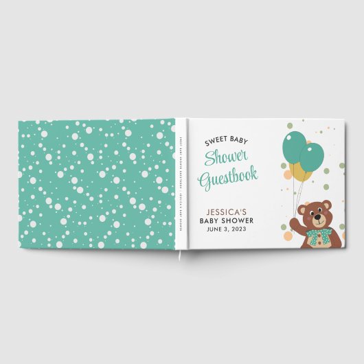 赤ちゃんシャワーかわいいクマ緑のバルーン男女兼用 ゲストブック (全面)