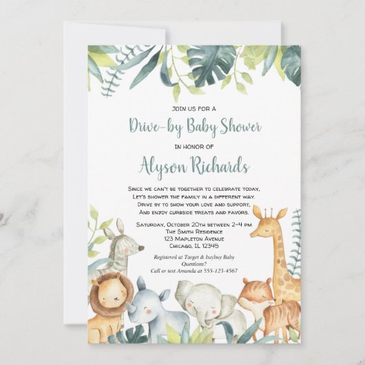 赤ちゃんシャワーかわいいサファリ動物 招待状 (正面)